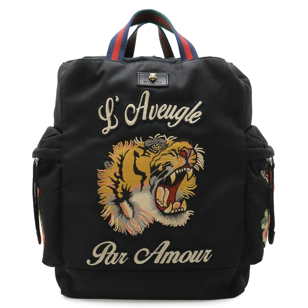 Gucci Sherry Embroidered Backpack Tiger Butterfly Cat Head Leather Black